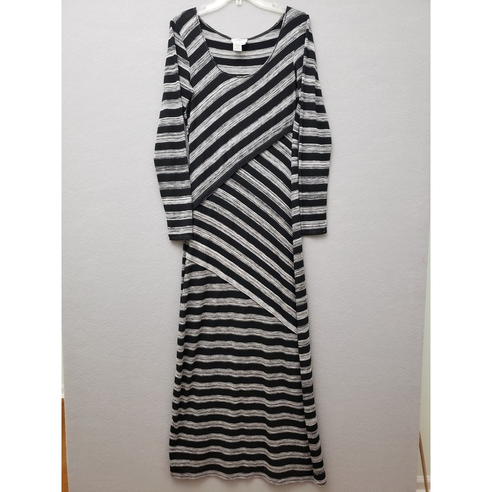 MSSP Womens M Maxi Dress Black Gray Striped Long Sleeve Asymmetrical Stretch